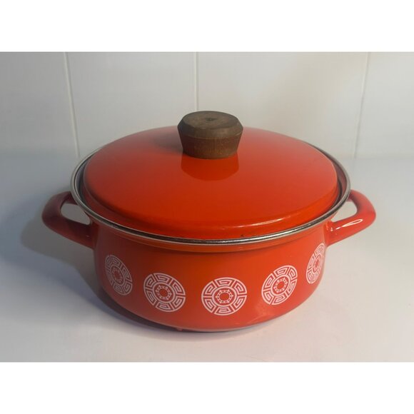 VTG Epicure Enamelware Stock Pot - 6" Orange w/ Wooden Knob Lid Retro MCM - Picture 3 of 7